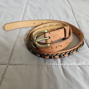 Fossil Belt Women's Size M Narrow Leather w/ Metal Chain & Woven Leather Accents
